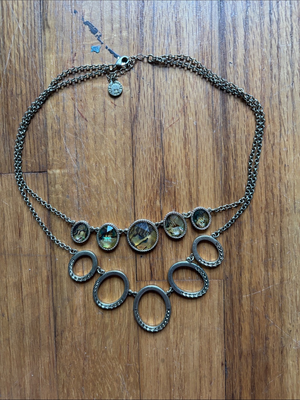 Unk Bronze-Tone Layered Necklace with Green Crystal Discs